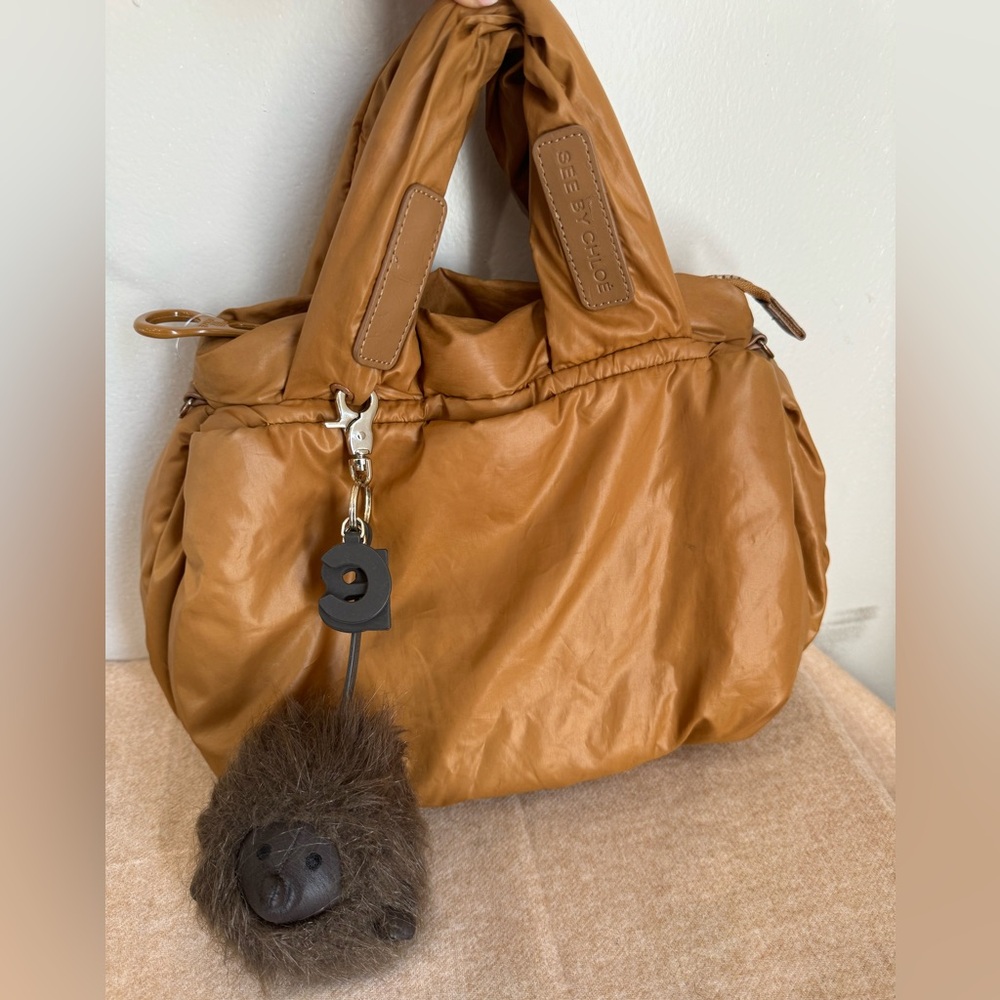 SEE BY CHLOÉ Joy Rider Handbag with a Removable Brown Hedgehog and SBC keychain